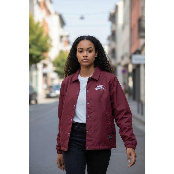 Nike SB Other - NIKE SB Burgundy Coach Jacket Mens L Embroidered Logo Snap Front Lightweight